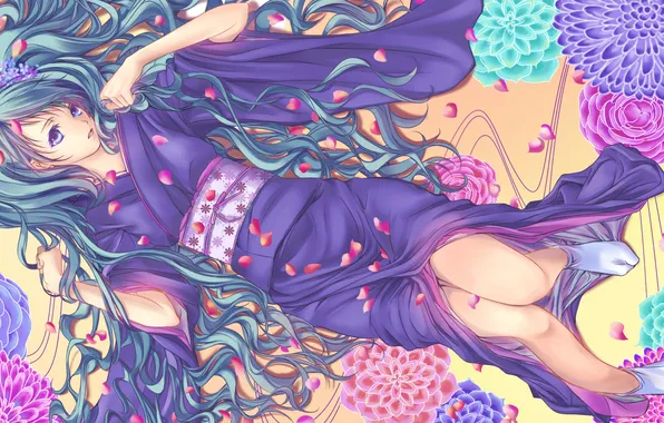 Picture girl, flowers, petals, kimono, Vocaloid, Japanese clothing