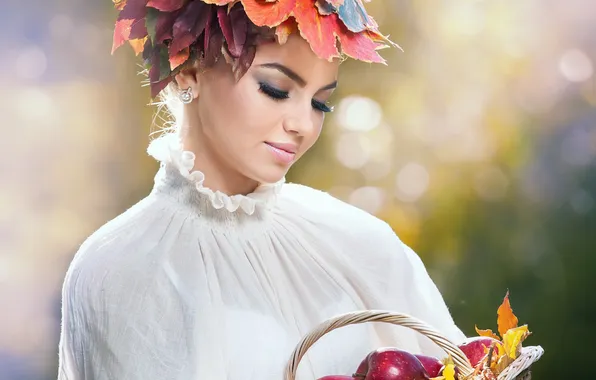 Picture look, leaves, girl, eyelashes, model, hair, apples, fruit