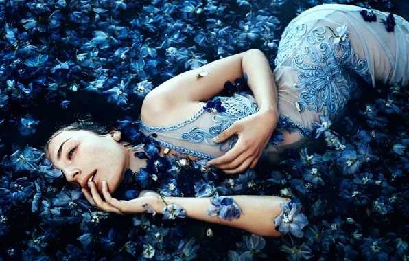 Girl, flowers, in the water, Bella Kotak, A sea of blue flowers, Ella Grace Denton
