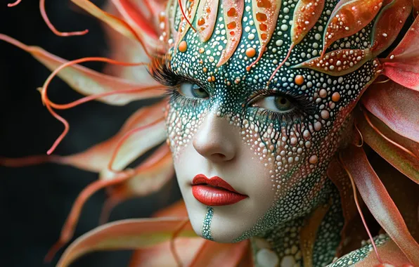 Girl, face, mermaid, portrait, leather, fantasy, makeup, nymph