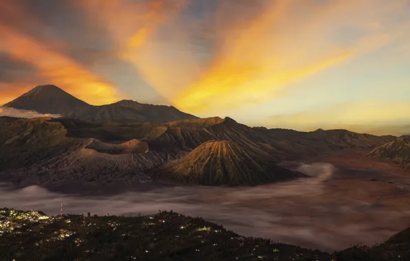 Mountains, island, Indonesia, volcanoes, panorama, Bromo, Java