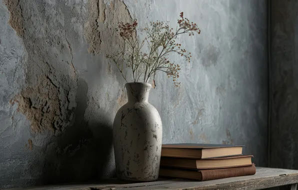 Wall, books, bouquet, vase, still life, grey background, ceramics, AI art