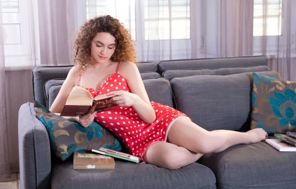 Cleavage, hot girl, brown hair, model, sofa, sexy woman, reading, books