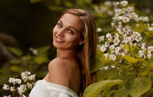 Look, girl, flowers, face, smile, portrait, shoulders, long hair