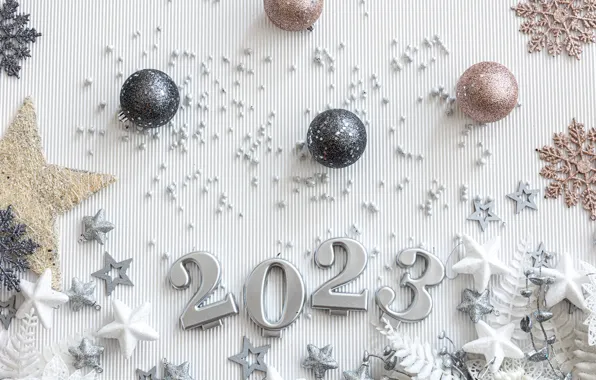 Balls, figures, white background, New year, date, 2023, New Year 2023