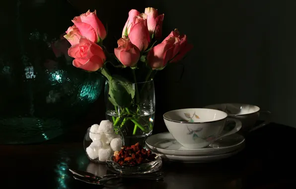 Picture rose, bouquet, Cup, sugar, still life