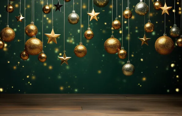 Decoration, the dark background, gold, green, balls, New Year, Christmas, golden
