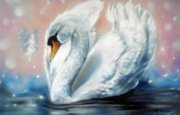Picture white, water, wings, fairy, Swan, painting