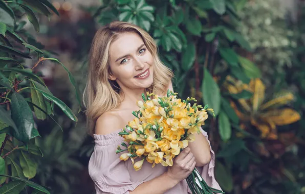 Girl, flowers, woman, beauty, bouquet, spring, blonde, girl