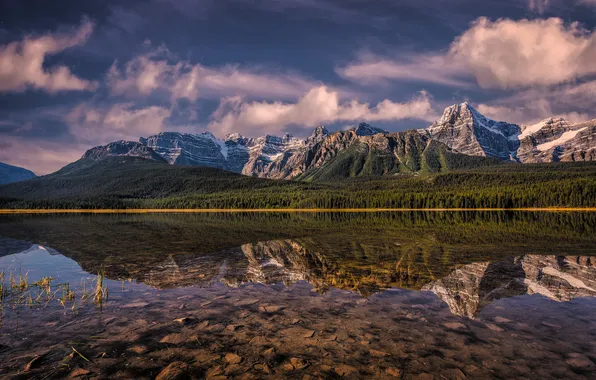 Forest, the sky, mountains, lake, shore, the slopes, pond