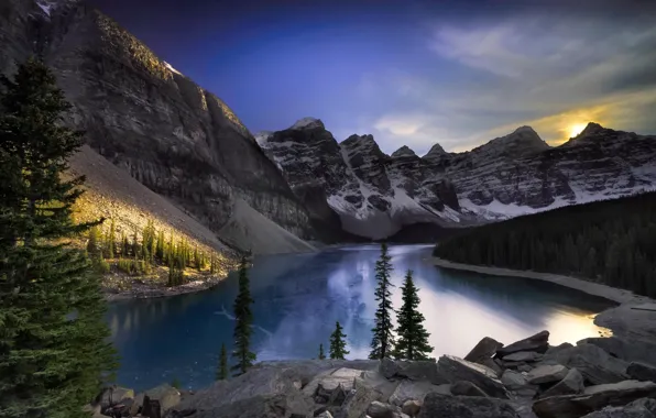 Forest, landscape, mountains, lake, Alberta, Canada, Lake