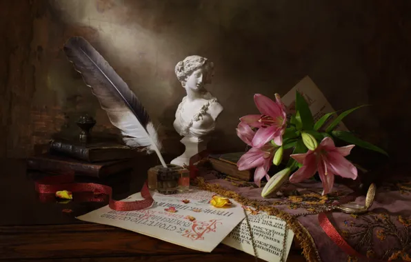 Notes, pen, books, Lily, tape, figurine, still life, paper