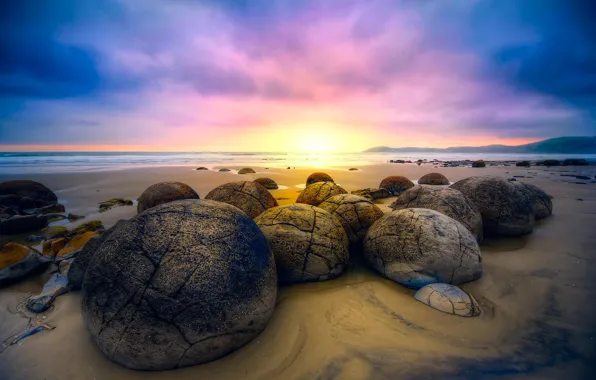 Sand, beach, the sky, sunrise, stones, the ocean, New Zealand, Moeraki Boulders