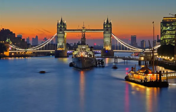 Lights, river, ship, England, London, Thames, Tower bridge