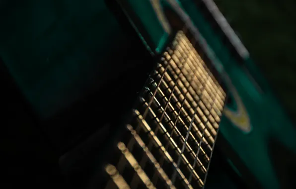 Macro, music, the dark background, guitar, strings, musical instrument, bokeh, blurred background