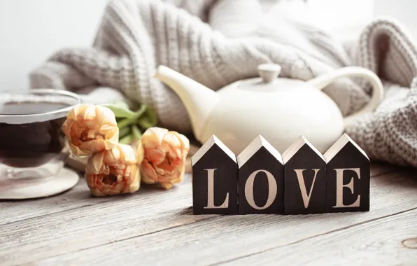 Love, flowers, holiday, the inscription, tea, cubes, Board, bouquet