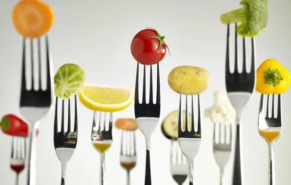 Pepper, vegetables, carrots, fork, broccoli, potatoes