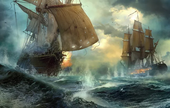 Ships, duel, sea battle, Duel, Vladimir Manyukhin