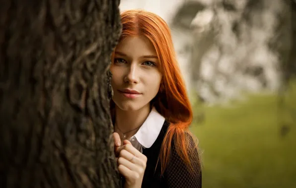 Girl, trees, Park, makeup, hairstyle, redhead, bokeh, Peeps