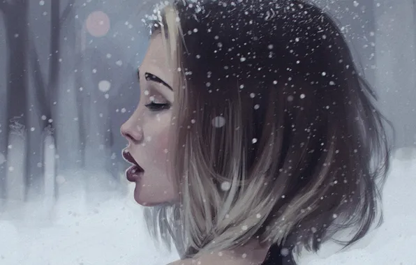 Winter, girl, snow, face, art, lips