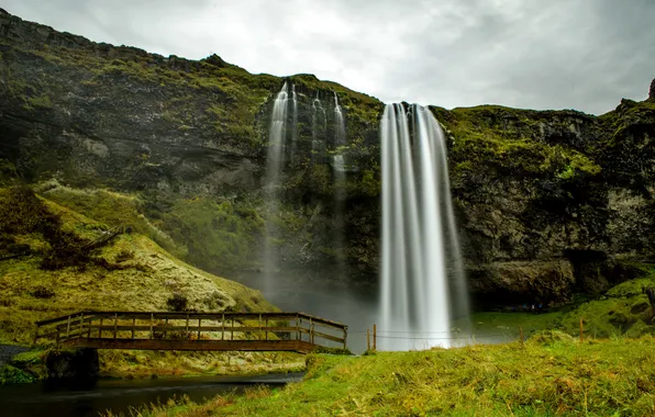 Bridge, rock, waterfall, Iceland, Seljalandsfoss