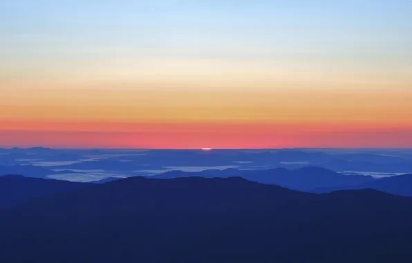 The sky, clouds, sunset, mountains, horizon