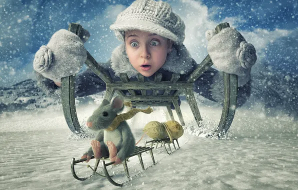 Winter, snow, mouse, girl, sled, peanuts