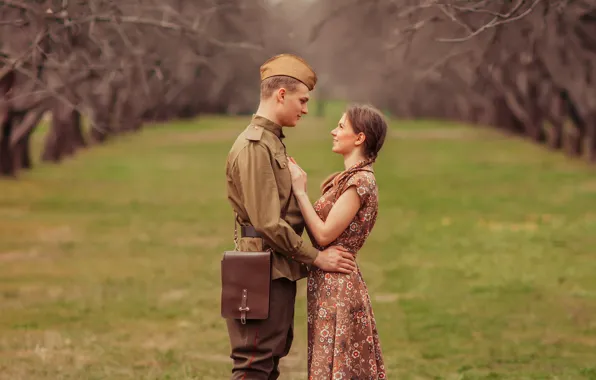 Girl, retro, meeting, soldiers, guy, pussy, tunic