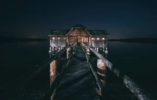 Night, bridge, lake, home