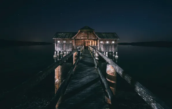 Picture night, bridge, lake, house