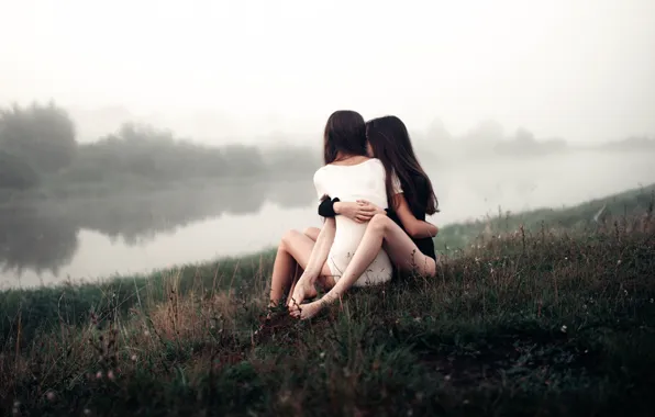 Picture love, fog, river, morning, pair, two girls