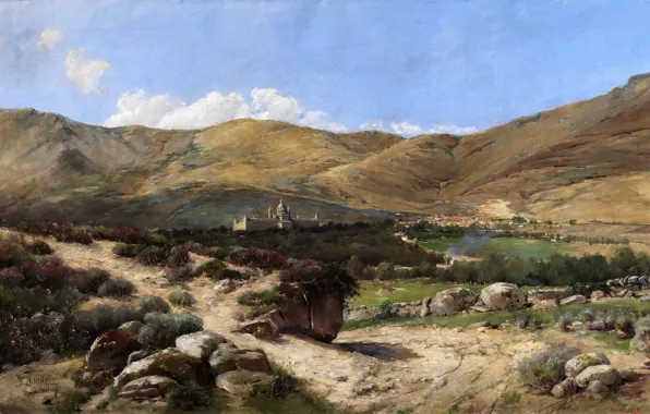 Landscape, mountains, castle, picture, valley, Palace, Felix Borrell Vidal, Landscape with the Escorial