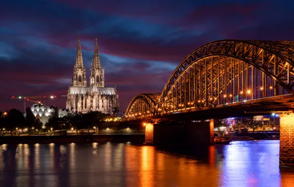 The sky, reflection, night, clouds, bridge, the city, lights, river