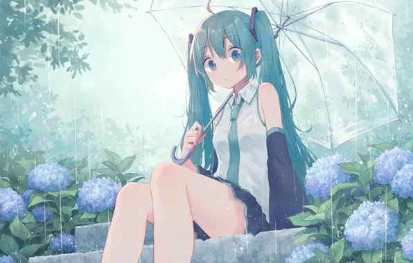 Picture girl, rain, umbrella, steps, Vocaloid, hydrangea, Hatsune Miku