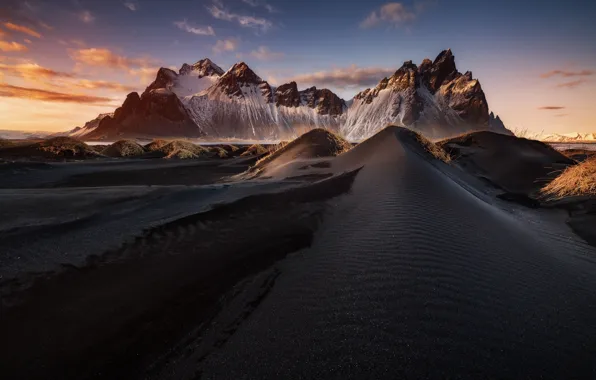 Sand, beach, the sky, clouds, mountains, Iceland