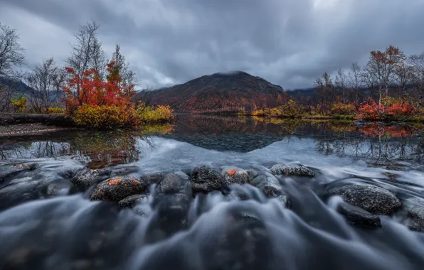 Autumn, forest, clouds, mountains, clouds, lake, stones, overcast
