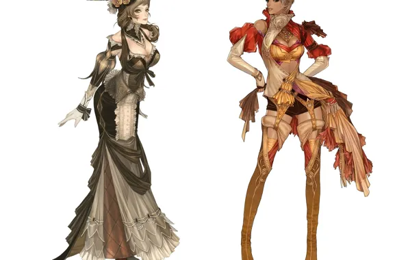 Shorts, boots, neckline, white background, corset, hat, art, Granado Espada