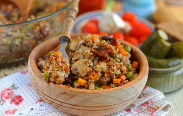 Mushrooms, vegetables, cucumbers, buckwheat