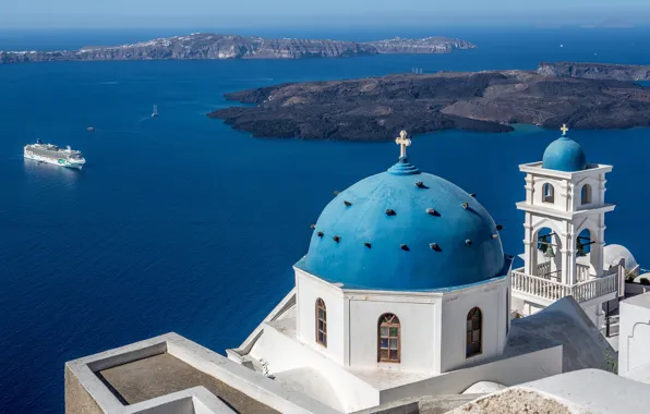 Sea, Islands, Santorini, Greece, Church, liner, the dome, Santorini