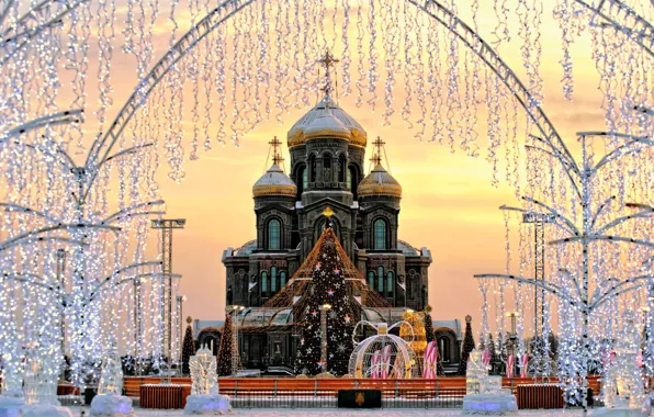 Winter, snow, decoration, tree, garland, Church Of The Resurrection, Alexander Shandov, The Main Church of …