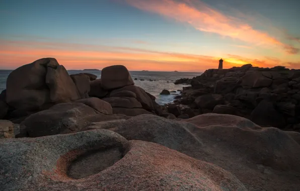 Sea, the sky, clouds, sunset, stones, rocks, shore, lighthouse