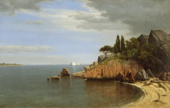 Sea, the sky, clouds, rocks, sailboat, picture, Bay