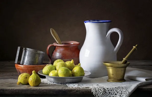 The dark background, table, dishes, pitcher, still life, items, composition, mortar
