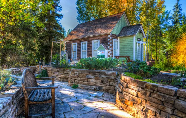 Picture forest, trees, landscape, bench, nature, house, open air