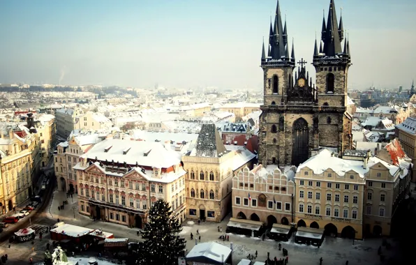 Winter, snow, the city, people, tree, Prague, Czech Republic, Prague