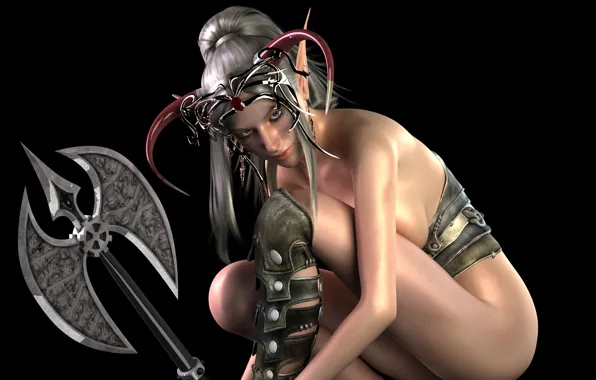 Look, girl, rendering, horns, axe, black background