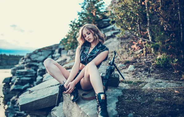 Girl, trees, nature, pose, rock, river, stones, gun
