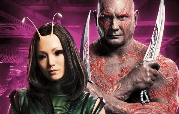 Picture fiction, knives, poster, Mantis, Dave Bautista, Drax, Dave Batista, Guardians of the Galaxy Vol. 2