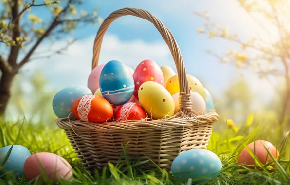 Flowers, basket, glade, eggs, spring, colorful, Easter, happy