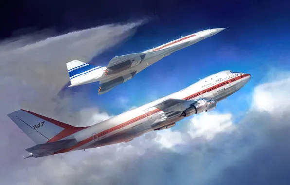Picture sky, clouds, airplane, vehicle, Boeing 747, Concorde